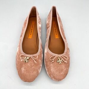 Tory Burch Womens 10M Logo Charm Ballet Flats Shoes Blush‎ Velvet Slip On Preppy